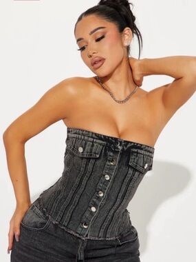 Fashion Nova In A Trance Washed Denim Corset Top - Black Wash